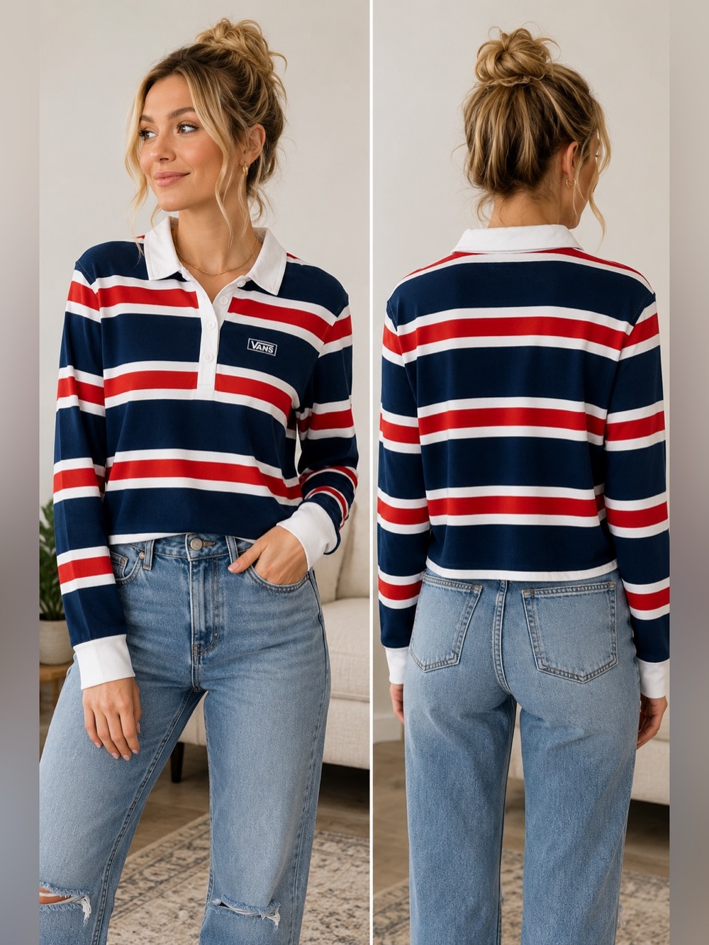 Vans Women’s Cropped Long Sleeve Polo Shirt Red White Navy Striped Size Large